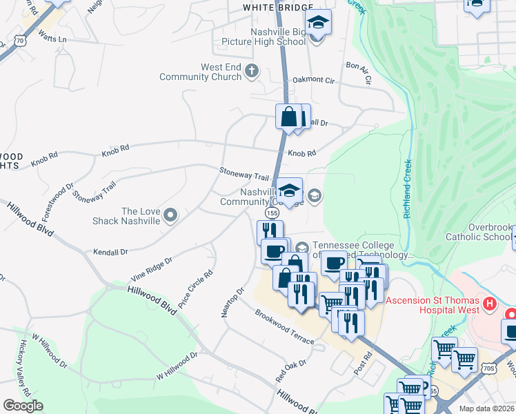 map of restaurants, bars, coffee shops, grocery stores, and more near 5603 Vine Ridge Drive in Nashville