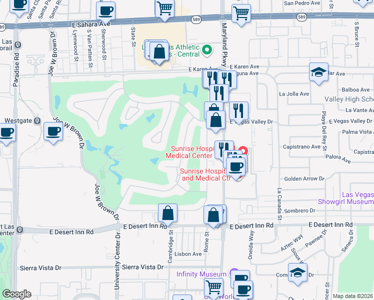 map of restaurants, bars, coffee shops, grocery stores, and more near 3012 Bel Air Drive in Las Vegas