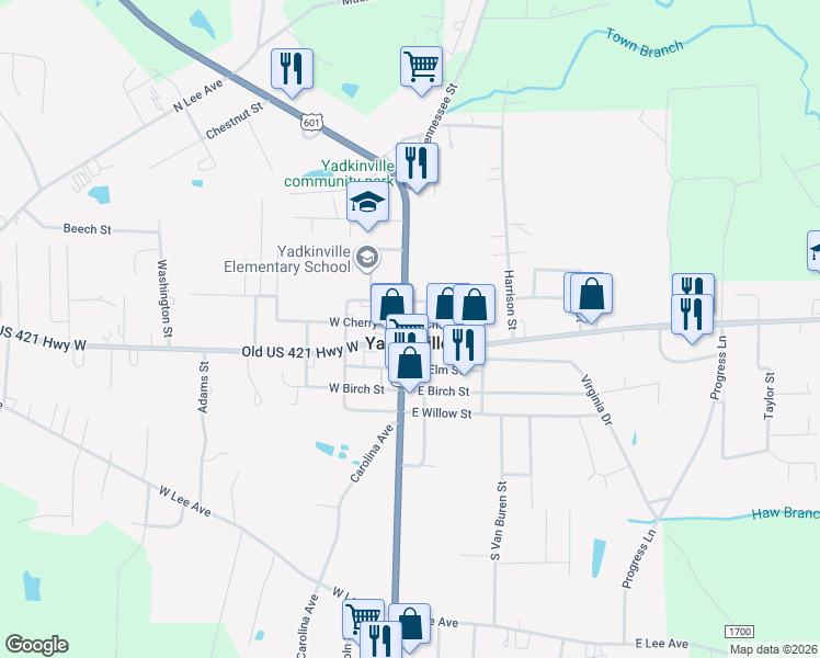 map of restaurants, bars, coffee shops, grocery stores, and more near 108 North State Street in Yadkinville