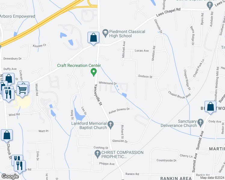 map of restaurants, bars, coffee shops, grocery stores, and more near 104 Swan Haven Lane in Greensboro