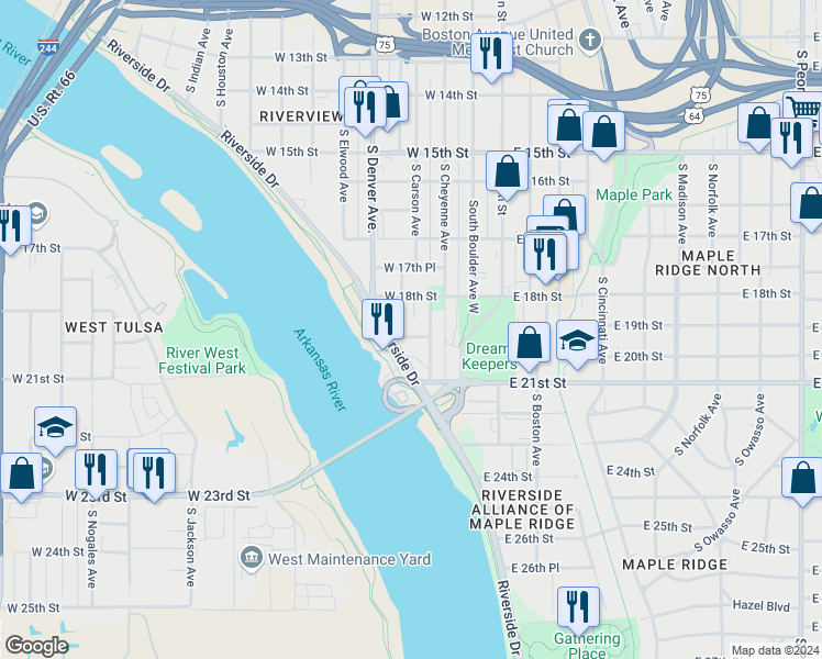map of restaurants, bars, coffee shops, grocery stores, and more near 213 West 19th Street in Tulsa