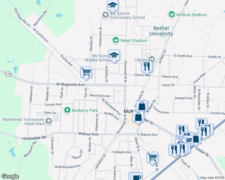 map of restaurants, bars, coffee shops, grocery stores, and more near 363 West Magnolia Avenue in McKenzie