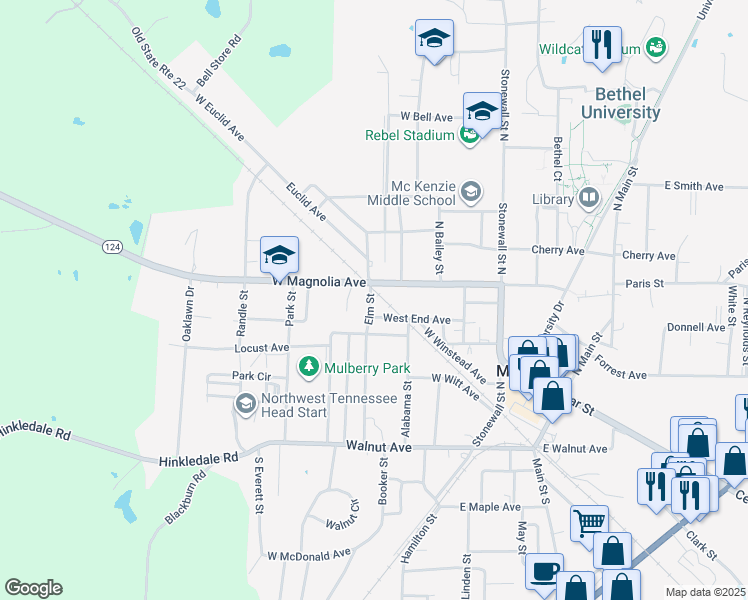 map of restaurants, bars, coffee shops, grocery stores, and more near 346 Elm St in McKenzie