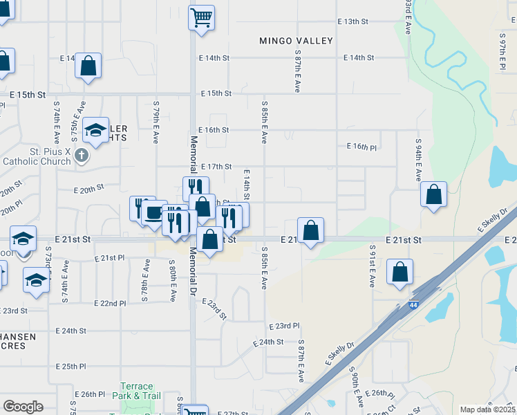 map of restaurants, bars, coffee shops, grocery stores, and more near 8416 East 19th Street in Tulsa