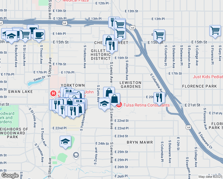 map of restaurants, bars, coffee shops, grocery stores, and more near S Lewis Ave & E 19th St in Tulsa