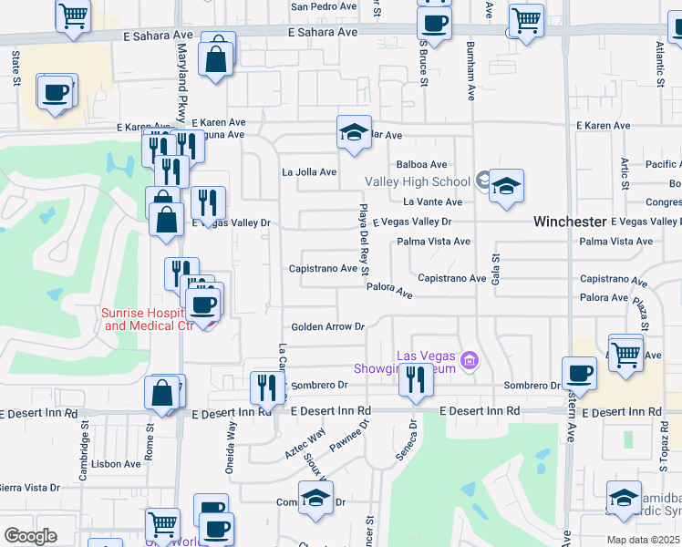 map of restaurants, bars, coffee shops, grocery stores, and more near 1677 Capistrano Avenue in Las Vegas