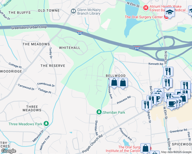 map of restaurants, bars, coffee shops, grocery stores, and more near 4103 King Edward Court in Greensboro
