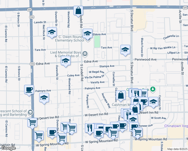 map of restaurants, bars, coffee shops, grocery stores, and more near 5382 Via De Palma Drive in Las Vegas