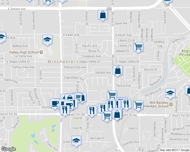 map of restaurants, bars, coffee shops, grocery stores, and more near 2702 Capistrano Avenue in Las Vegas