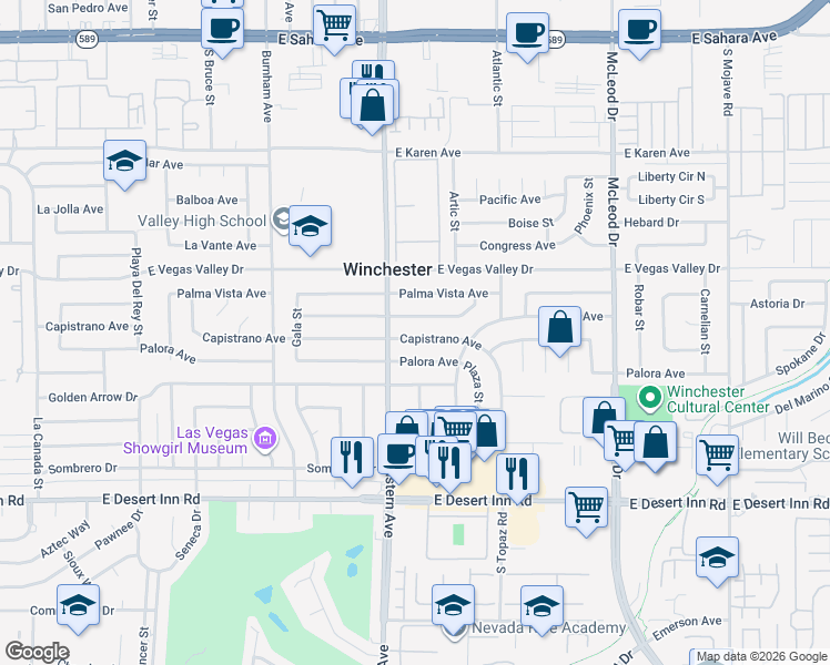 map of restaurants, bars, coffee shops, grocery stores, and more near 2452 Capistrano Avenue in Las Vegas