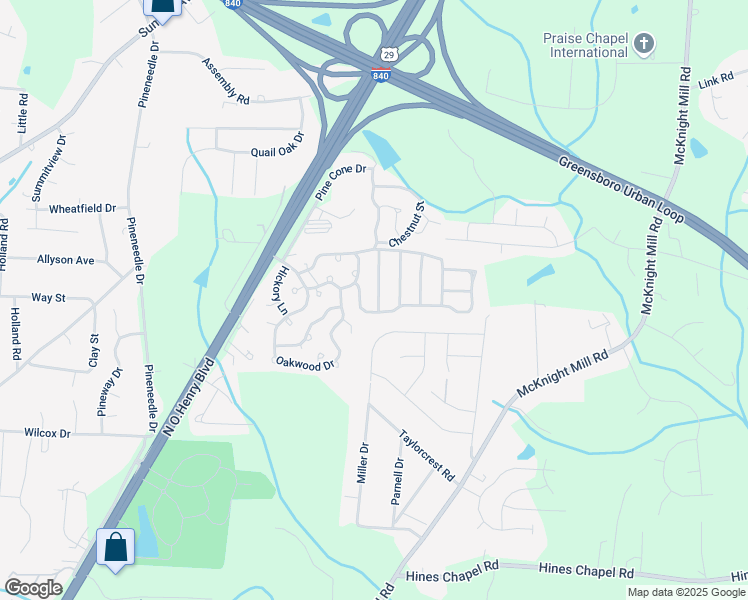 map of restaurants, bars, coffee shops, grocery stores, and more near 362 5 Oaks Circle in Greensboro