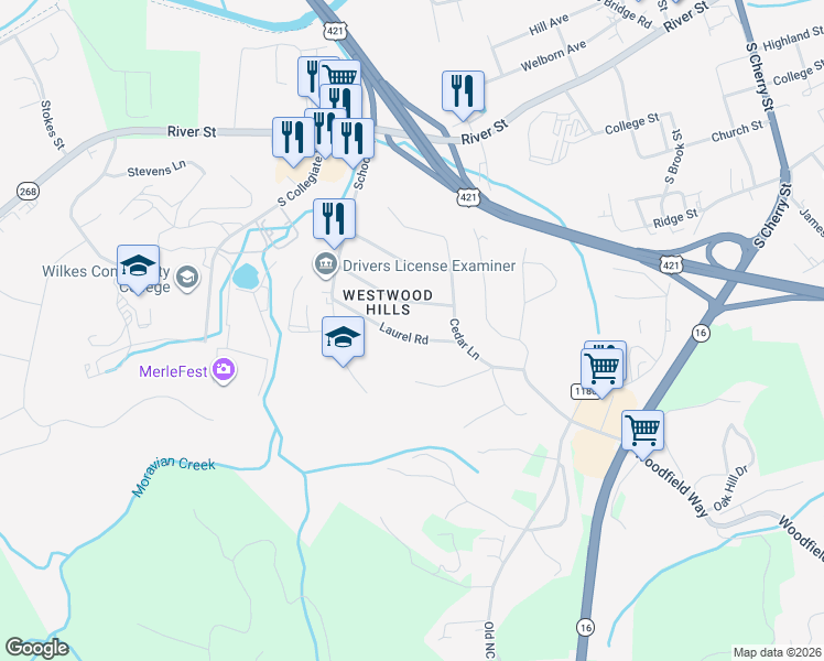 map of restaurants, bars, coffee shops, grocery stores, and more near 1510 Laurel Road in Wilkesboro
