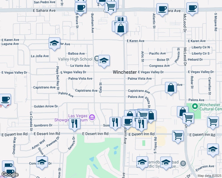 map of restaurants, bars, coffee shops, grocery stores, and more near 2266 Capistrano Avenue in Las Vegas