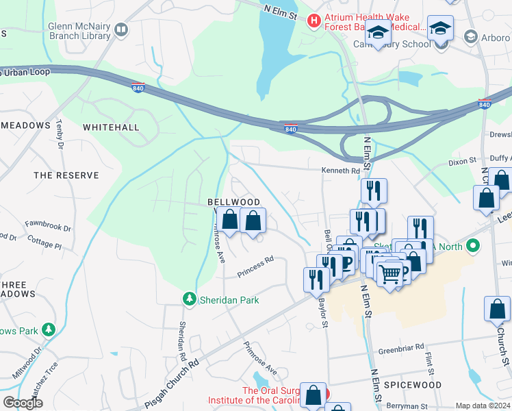 map of restaurants, bars, coffee shops, grocery stores, and more near 27 Nandina Drive in Greensboro