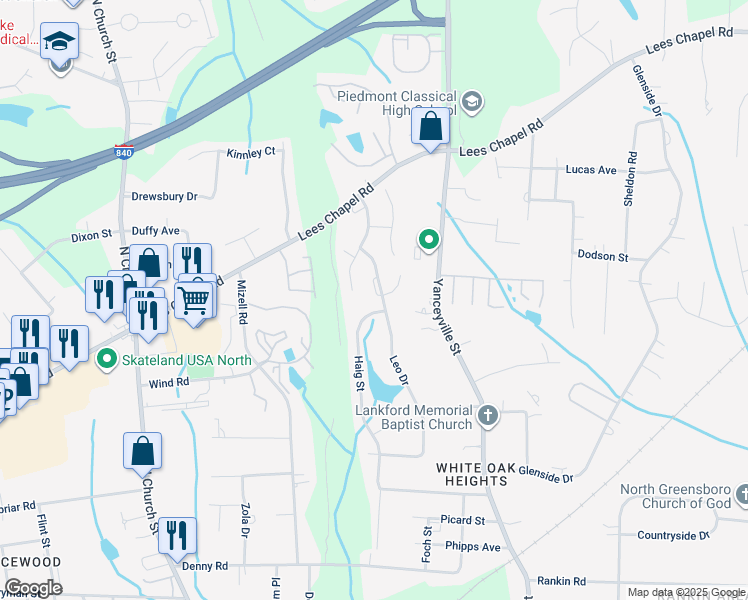 map of restaurants, bars, coffee shops, grocery stores, and more near 100 Queensberry Court in Greensboro