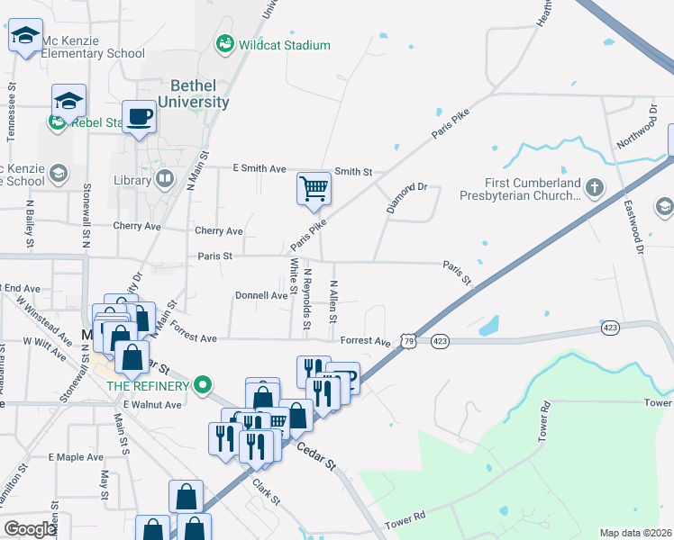 map of restaurants, bars, coffee shops, grocery stores, and more near 420 Paris Street in McKenzie