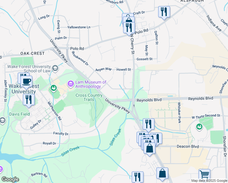 map of restaurants, bars, coffee shops, grocery stores, and more near 1232 Brookwood Drive in Winston-Salem