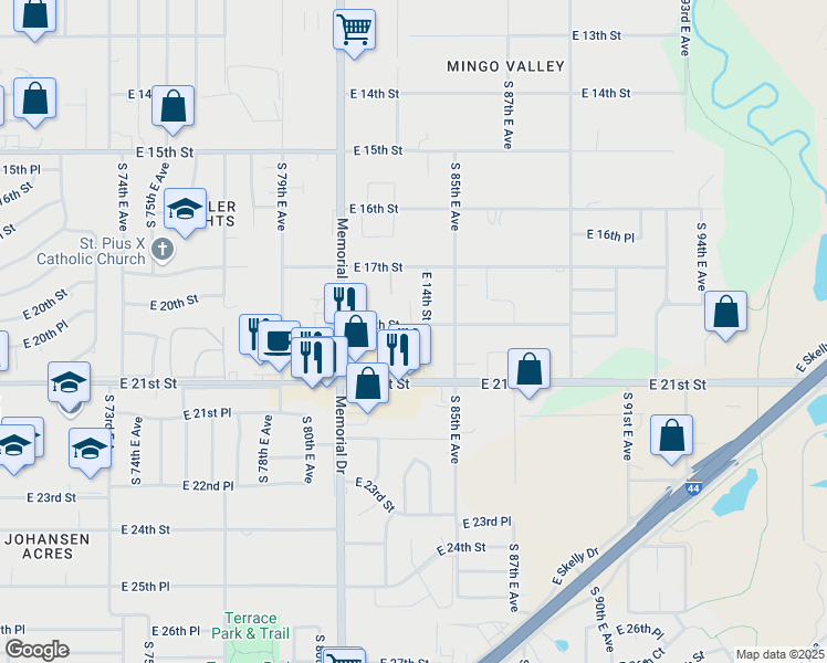 map of restaurants, bars, coffee shops, grocery stores, and more near 1903 South 82nd East Avenue in Tulsa
