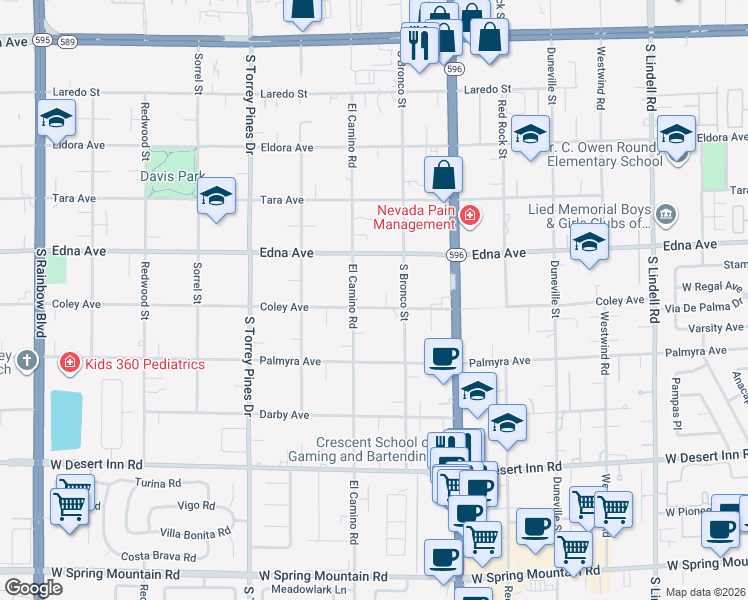 map of restaurants, bars, coffee shops, grocery stores, and more near 6262 Coley Avenue in Las Vegas