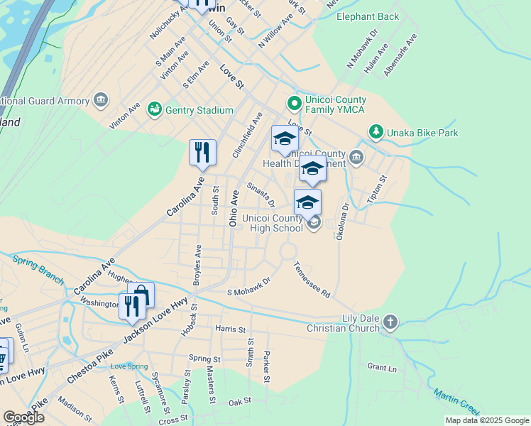 map of restaurants, bars, coffee shops, grocery stores, and more near 605 Sinasta Drive in Erwin