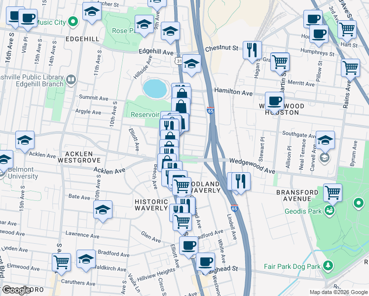 map of restaurants, bars, coffee shops, grocery stores, and more near 758 Wedgewood Park in Nashville