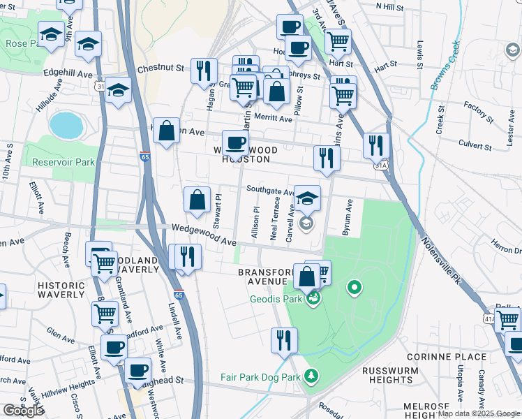 map of restaurants, bars, coffee shops, grocery stores, and more near 1714C Allison Place in Nashville