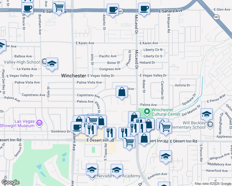 map of restaurants, bars, coffee shops, grocery stores, and more near 2702 Capistrano Avenue in Las Vegas