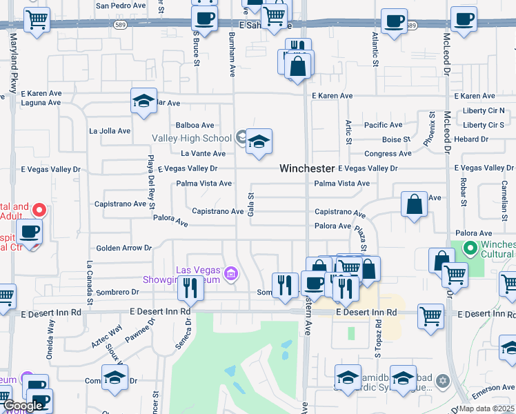 map of restaurants, bars, coffee shops, grocery stores, and more near 2198 Capistrano Avenue in Las Vegas