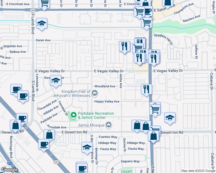 map of restaurants, bars, coffee shops, grocery stores, and more near 4691 Woodland Avenue in Las Vegas