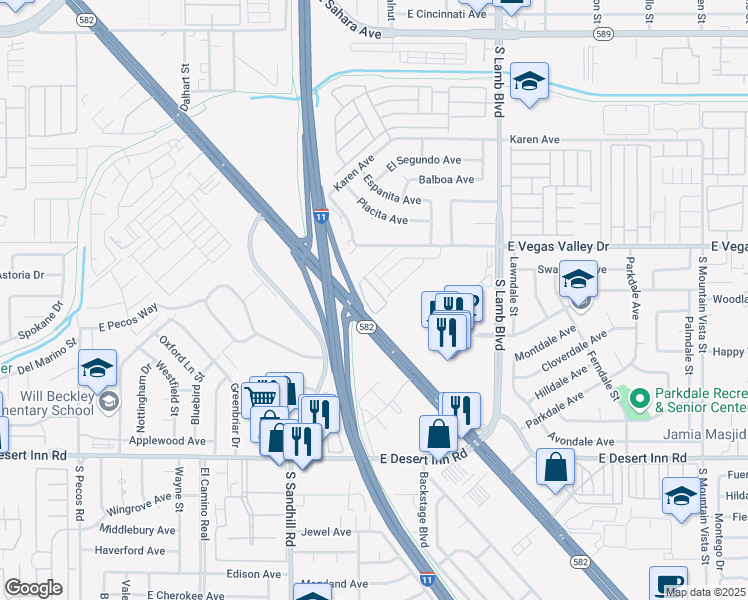 map of restaurants, bars, coffee shops, grocery stores, and more near 3000 South Sandhill Road in Las Vegas