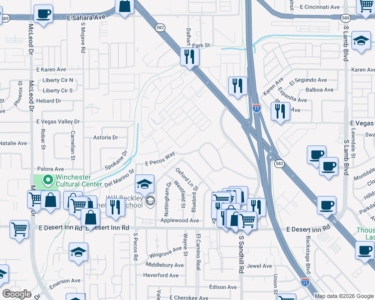 map of restaurants, bars, coffee shops, grocery stores, and more near 629 East Pecos Way in Las Vegas