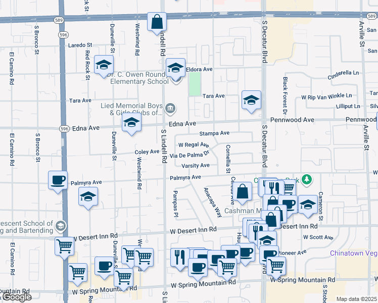 map of restaurants, bars, coffee shops, grocery stores, and more near 5382 Via De Palma Drive in Las Vegas