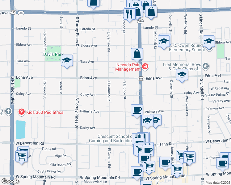 map of restaurants, bars, coffee shops, grocery stores, and more near 6262 Coley Avenue in Las Vegas