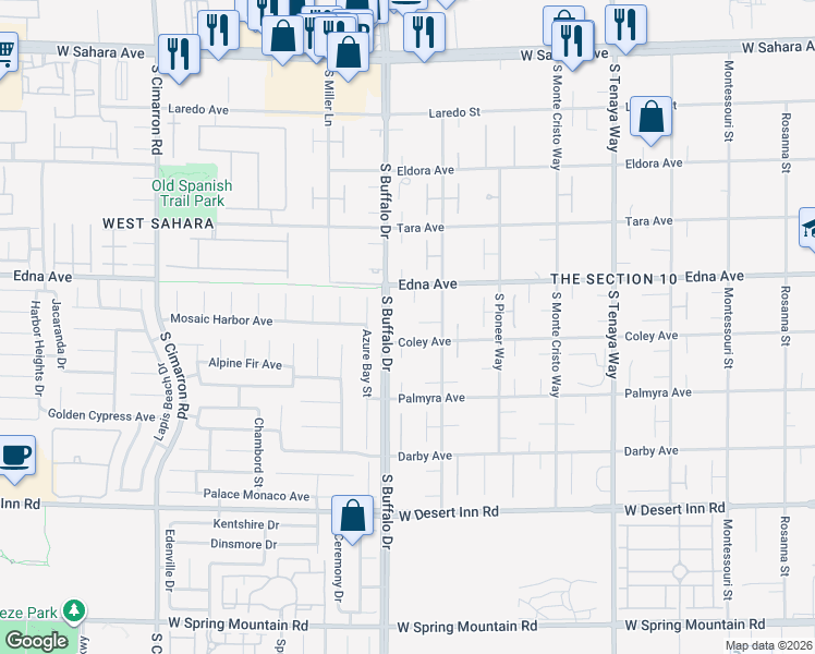 map of restaurants, bars, coffee shops, grocery stores, and more near 2970 South Buffalo Drive in Las Vegas