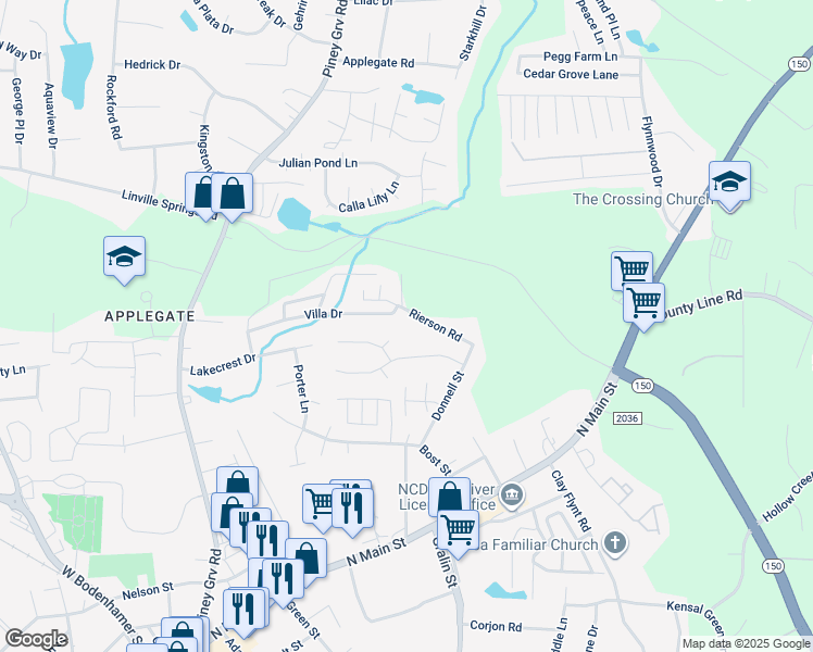 map of restaurants, bars, coffee shops, grocery stores, and more near 314 Windsor Manor Way in Kernersville