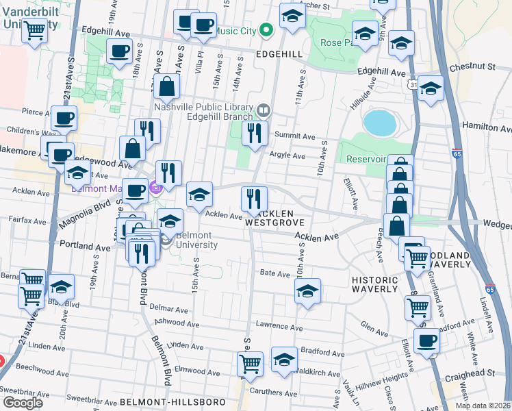 map of restaurants, bars, coffee shops, grocery stores, and more near 1114 West Grove Avenue in Nashville