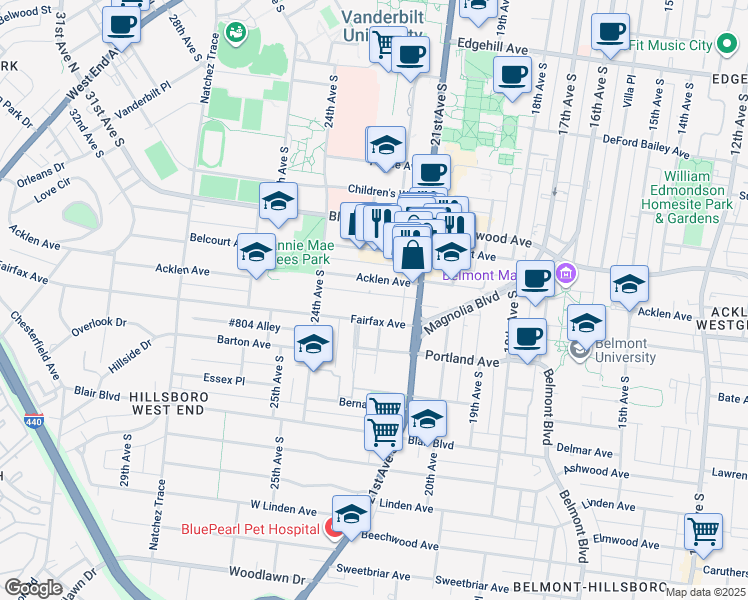 map of restaurants, bars, coffee shops, grocery stores, and more near 2115 Fairfax Avenue in Nashville