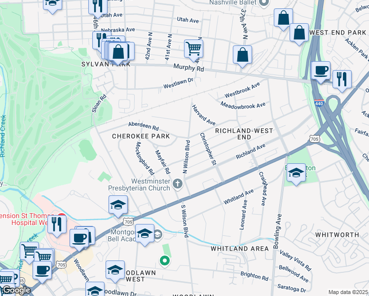 map of restaurants, bars, coffee shops, grocery stores, and more near 3816 Central Avenue in Nashville