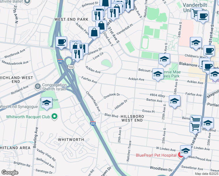 map of restaurants, bars, coffee shops, grocery stores, and more near 413 Fairfax Avenue in Nashville