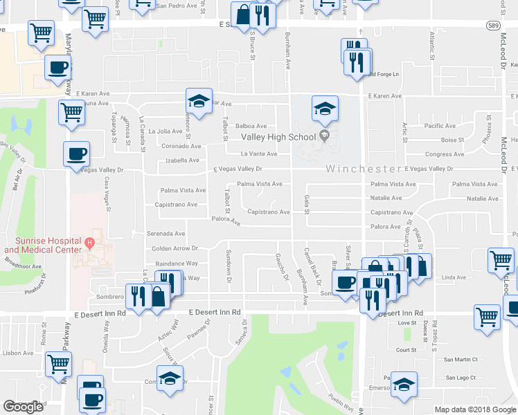 map of restaurants, bars, coffee shops, grocery stores, and more near 1966 Capistrano Avenue in Las Vegas