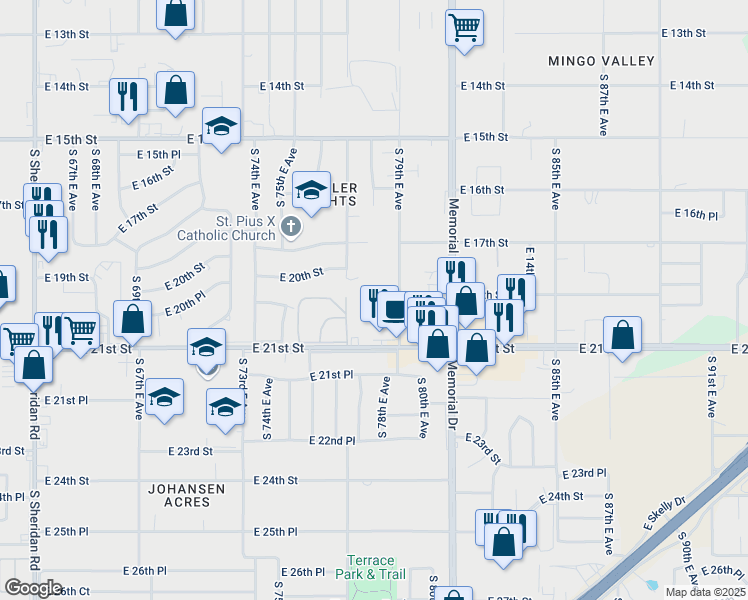 map of restaurants, bars, coffee shops, grocery stores, and more near 1760 South 79th East Avenue in Tulsa