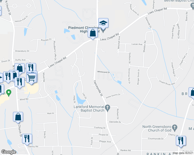 map of restaurants, bars, coffee shops, grocery stores, and more near 107 Breezeway Lane in Greensboro
