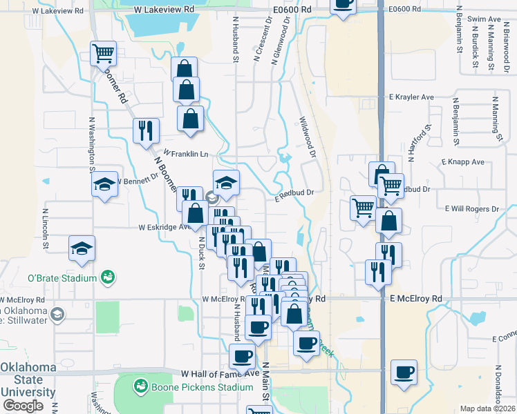 map of restaurants, bars, coffee shops, grocery stores, and more near 1210 N Main St in Stillwater
