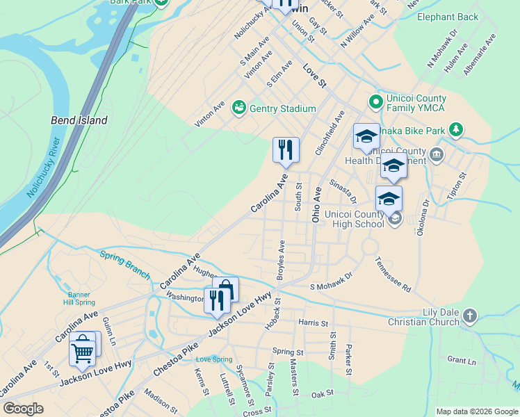 map of restaurants, bars, coffee shops, grocery stores, and more near 610 Carolina Avenue in Erwin