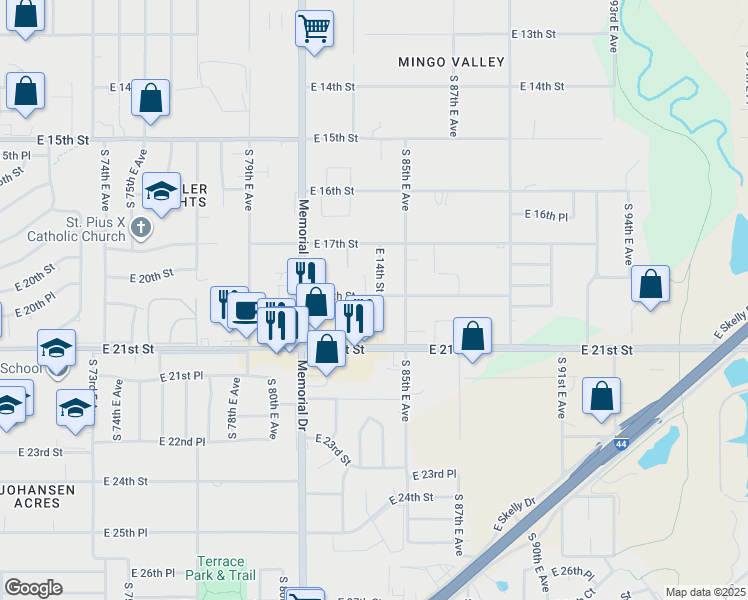 map of restaurants, bars, coffee shops, grocery stores, and more near 1902 South 84th East Avenue in Tulsa