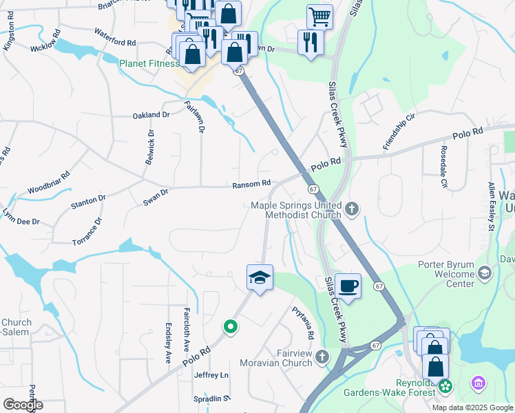 map of restaurants, bars, coffee shops, grocery stores, and more near 202 Wake Drive in Winston-Salem