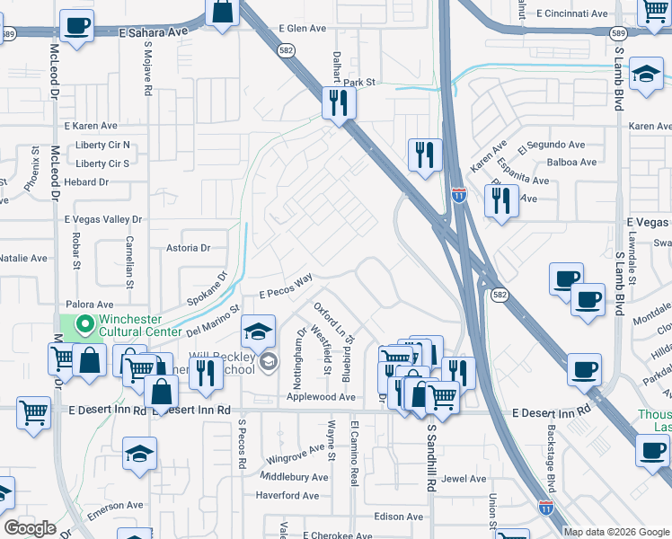 map of restaurants, bars, coffee shops, grocery stores, and more near 629 East Pecos Way in Las Vegas