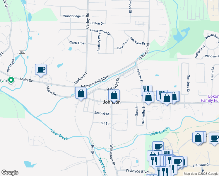 map of restaurants, bars, coffee shops, grocery stores, and more near 5533 Roxanne Place in Springdale
