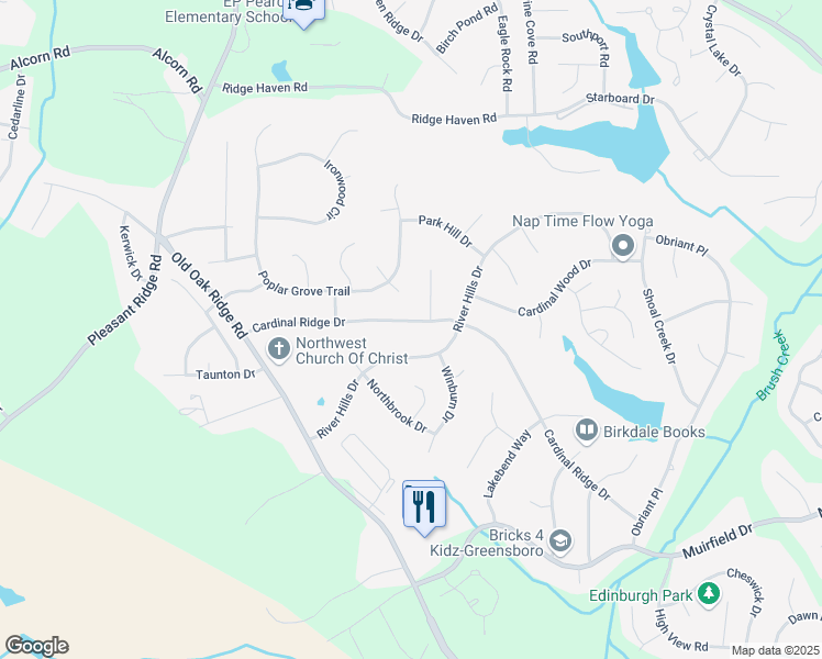 map of restaurants, bars, coffee shops, grocery stores, and more near 3505 Cardinal Ridge Drive in Greensboro