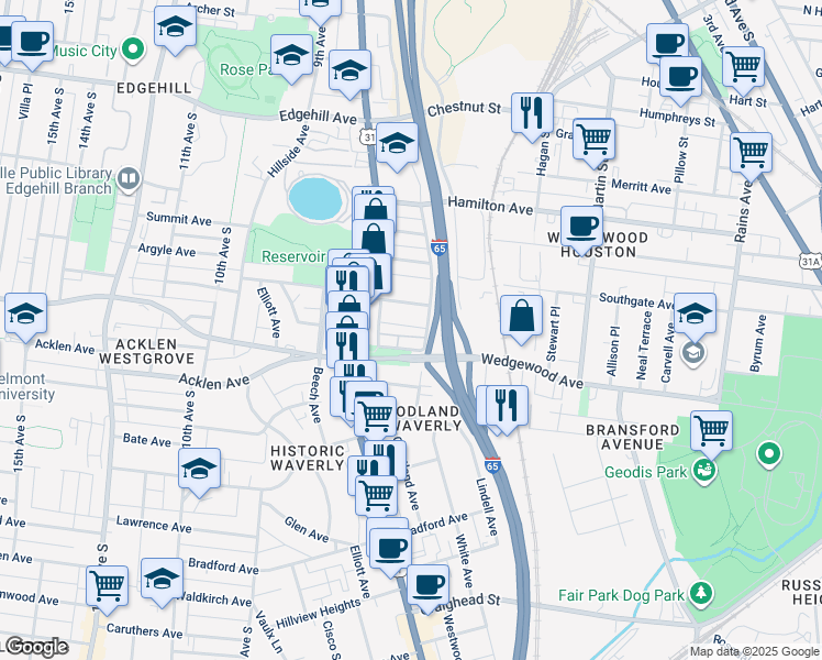 map of restaurants, bars, coffee shops, grocery stores, and more near 1815 Ridley Boulevard in Nashville